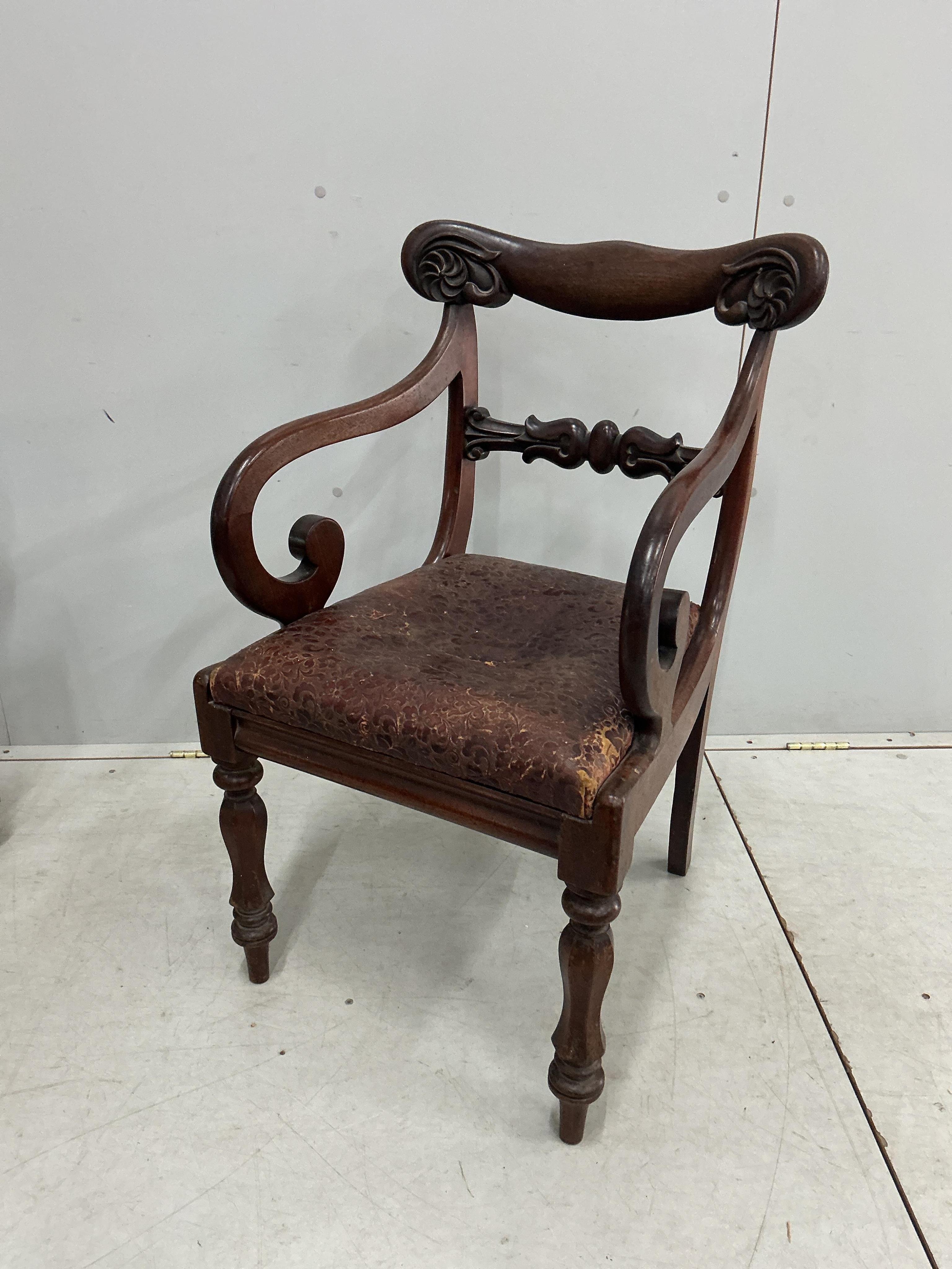 A pair of William IV mahogany elbow chairs, width 53cm, depth 46cm, height 87cm
